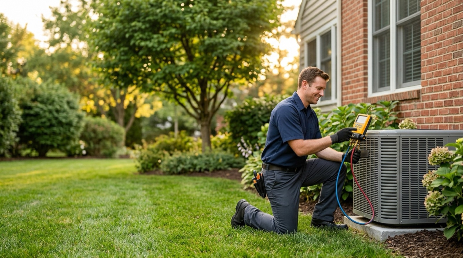 HVAC technician servicing an AC unit in Frederick, MD